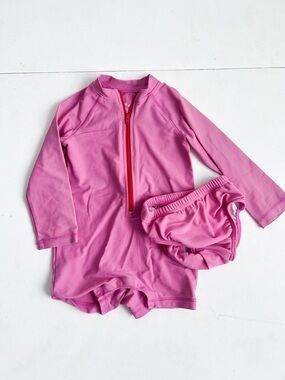 Primary Pink Long-Sleeve Zip Rashguard Swimsuit and Swim Diaper Set